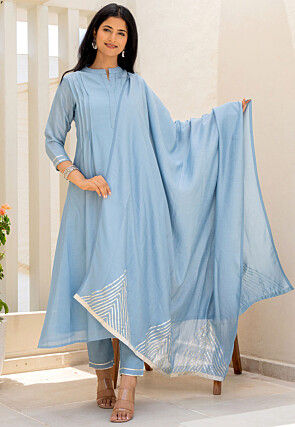 Tucked Chiffon A Line Suit in Blue