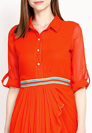Plain Georgette Dhoti Style Tunic in Orange