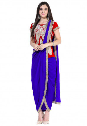 Embroidered Georgette Top With Dhoti Pant In Red and Blue