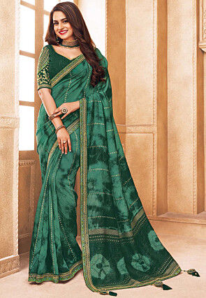 Tye Dye Printed Art Silk Saree in Green