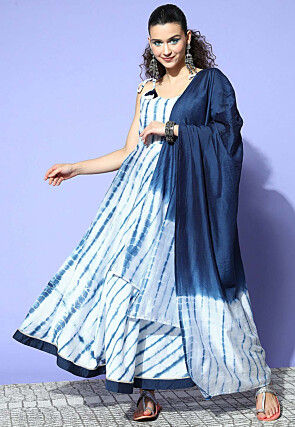Tye Dye Printed Chanderi Cotton Abaya Style Suit in White And Blue