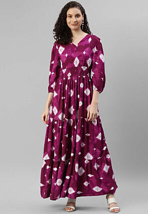 Tye Dye Printed Rayon Tiered Dress in Magenta