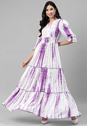 Tye Dye Printed Rayon Tiered Dress in White and Purple