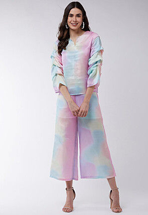 Tye Dye Printed Satin Silk Co Ord Set in Multicolor