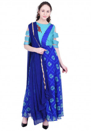 Tye N Dye Printed Georgette Abaya Style Suit in Blue