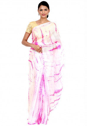 Tie N Dye Pure Kota Silk Saree in White and Pink