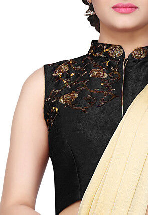Embroidered Art Dupion Silk Blouse in Black