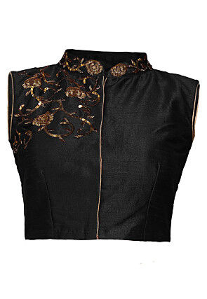 Embroidered Art Dupion Silk Blouse in Black