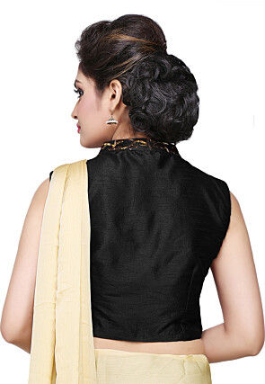 Embroidered Art Dupion Silk Blouse in Black