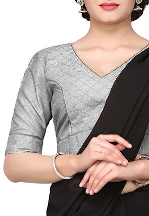 Embroidered Art Dupion Silk Blouse in Grey
