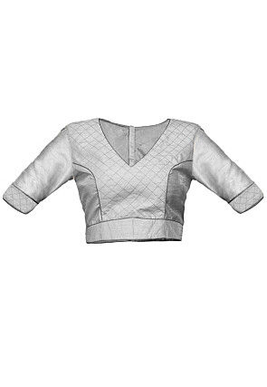 Embroidered Art Dupion Silk Blouse in Grey