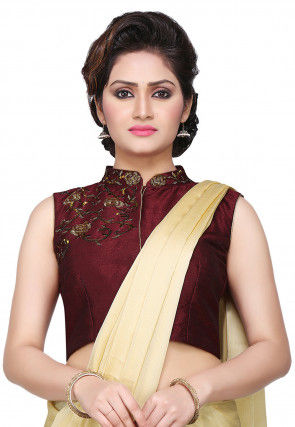 Embroidered Art Dupion Silk Blouse in Wine