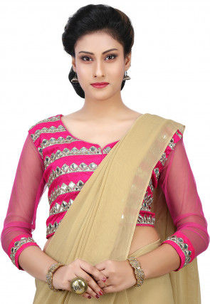 Embroidered Dupion Silk and Net Blouse in Fuchsia