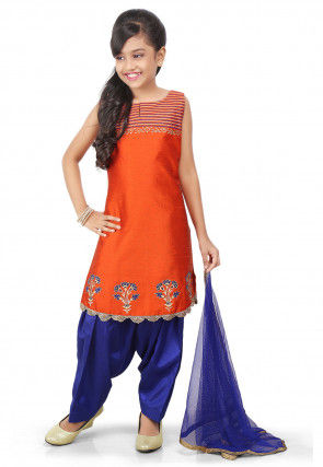 Block Printed Art Dupion Silk Straight Suit in Orange
