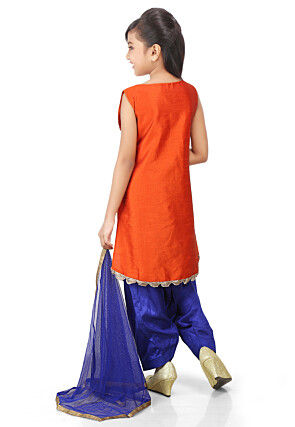 Block Printed Art Dupion Silk Straight Suit in Orange