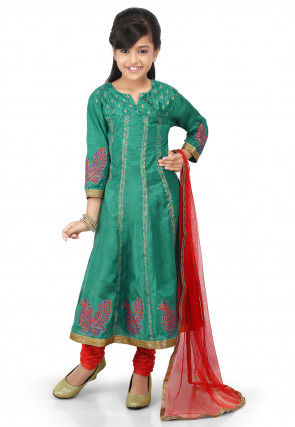 Block Printed Shantoon Anarkali Suit in Teal Green