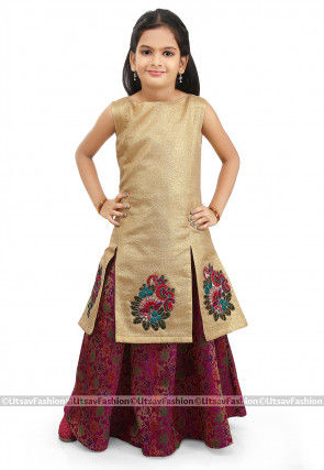 Embroidered Art Silk Shimmer Jacket Style Lehenga in Golden