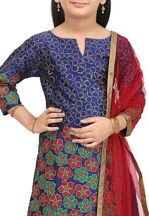 Block Printed Art Silk Punjabi Suit in Dark Blue