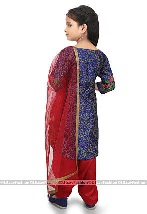Block Printed Art Silk Punjabi Suit in Dark Blue