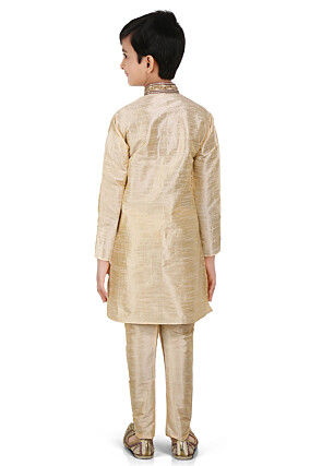 Embroidered Art Dupion Silk Kurta Set in Beige