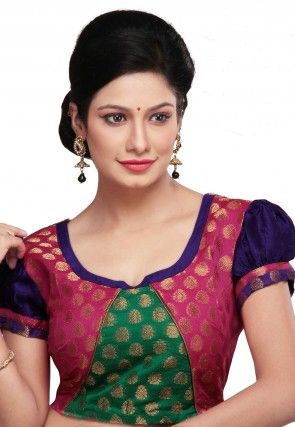 Chanderi Silk Brocade Blouse in Green and Pink