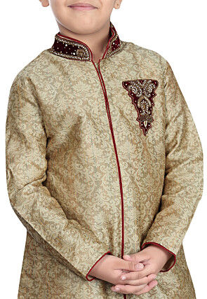 Plain Art Silk Jacquard Sherwani in Beige
