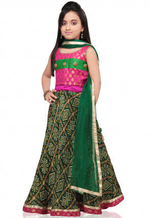 Bandhej Printed Crepe Lehenga Set in Dark Green