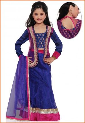 Embroidered Shimmer Net Lehenga Set in Royal Blue