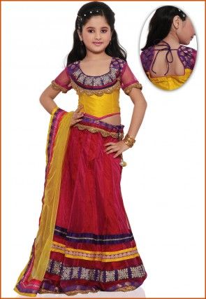Embroidered Net Lehenga Set in Red and Fuchsia