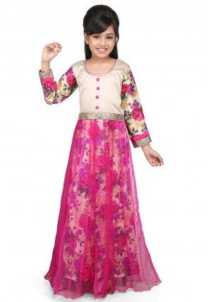 Printed Net and Ghicha Silk Gown in Beige and Magenta