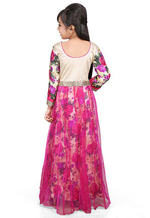 Printed Net and Ghicha Silk Gown in Beige and Magenta