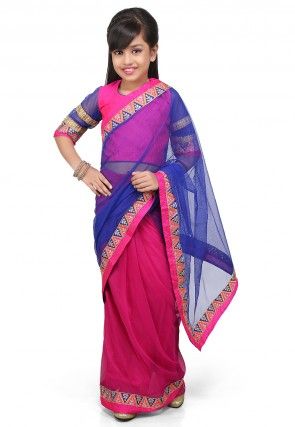 Embroidered Pre Stitched Net Saree in Royal Blue and Fuchsia