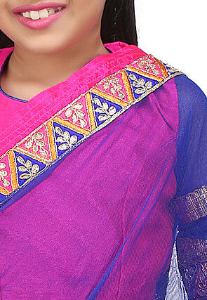 Embroidered Pre Stitched Net Saree in Royal Blue and Fuchsia