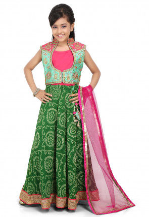 Bandhej Georgette Circular Lehenga in Green