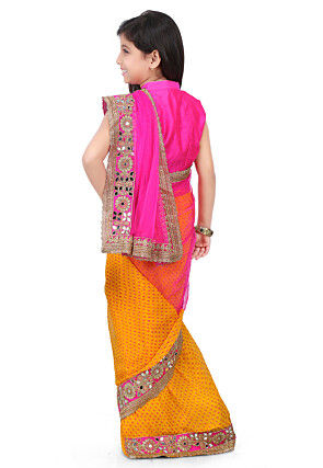 Embroidered Border Net Half N Half Saree in Fuchsia