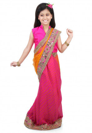 Embroidered Border Net Half N Half Saree in Mustard and Pink