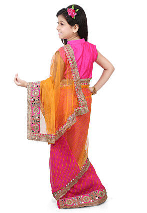Embroidered Border Net Half N Half Saree in Mustard and Pink