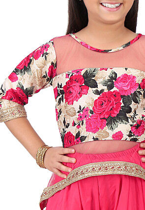Printed Net and Bhagalpuri Silk Top Set in Pink and Beige