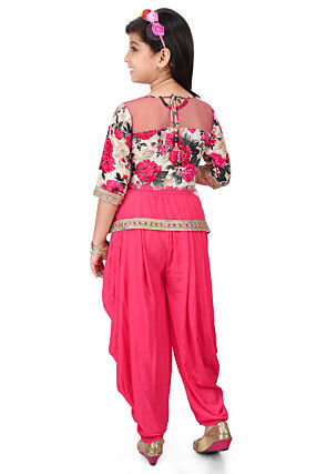 Printed Net and Bhagalpuri Silk Top Set in Pink and Beige