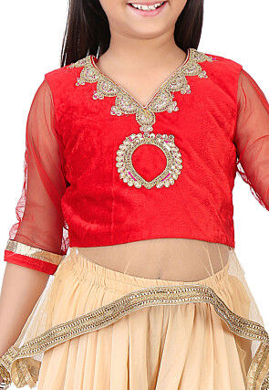 Embroidered Velvet and Net Top with Dhoti Pant in Red