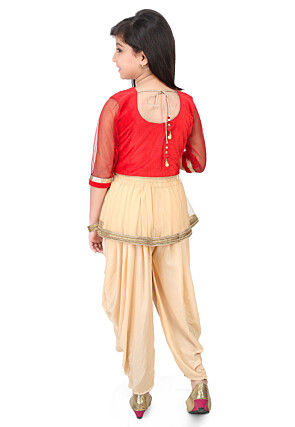 Embroidered Velvet and Net Top with Dhoti Pant in Red