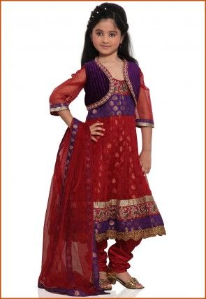 Embroidered Net and Chanderi Brocade Salwar Set in Red