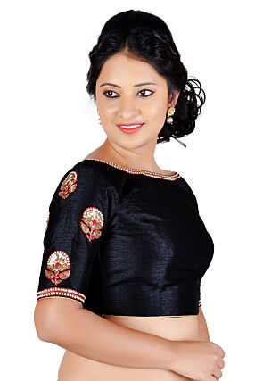 Embroidered Dupion Silk Blouse in Black