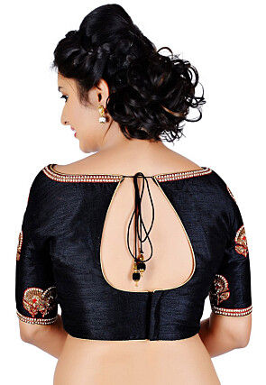 Embroidered Dupion Silk Blouse in Black