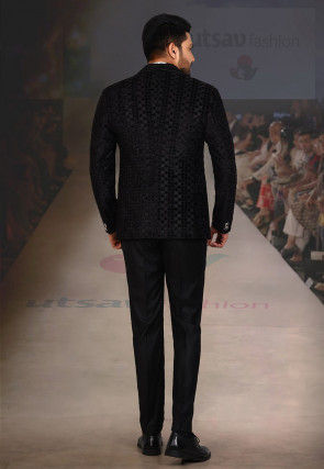 Velvet Embossed  Satin Three piece Tuxedo Set in Black