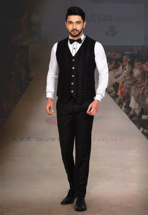 Velvet Embossed  Satin Three piece Tuxedo Set in Black