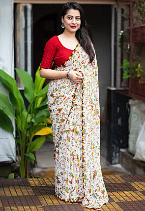 Warli Print Georgette Saree in Off White