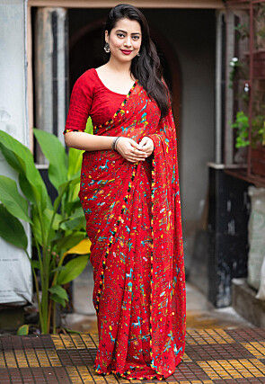 Warli Print Georgette Saree in Red