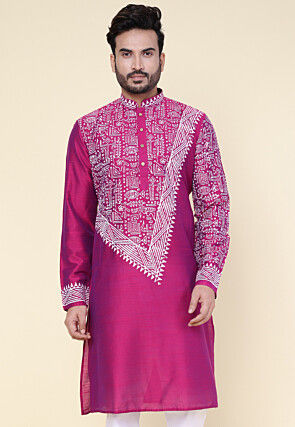 Warli Printed Art Silk Kurta in Fuchsia
