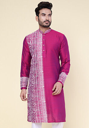 Warli Printed Art Silk Kurta in Fuchsia